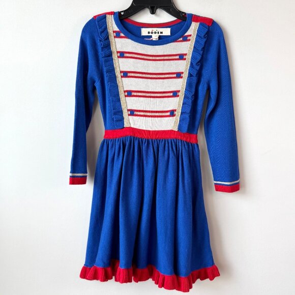 Mini Boden Nutcracker Knitted Dress Girls 2-3Y Blue Red Ruffled - Picture 2 of 5